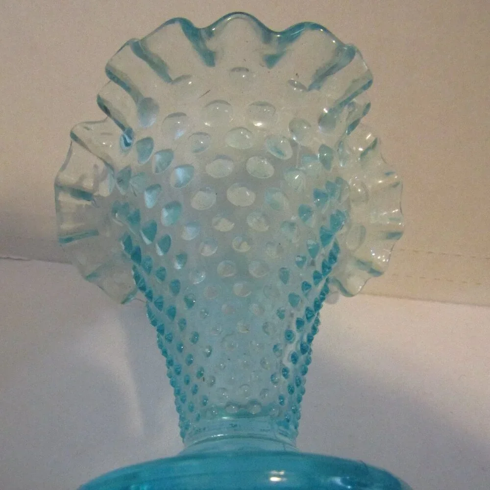Vint Fenton 5.5” Hobnail Pattern Crimped Ruffled Top Vase Clear Pale Turquoise